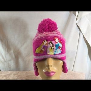 Cute Girls Pink DISNEY PRINCESS Winter Hat W/Earflaps & Pom Pom pre-owned